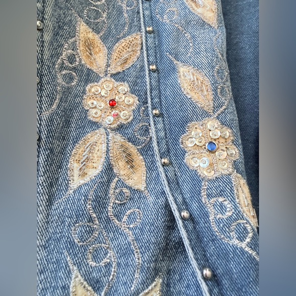 80s Oversized Acid Wash Embellished Studded Denim Jacket Batwing Rhinestone M - Picture 5 of 16